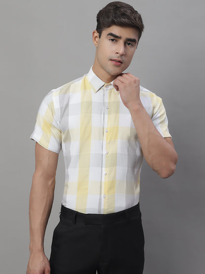 Jainish Men's Pure Cotton Checked Formal Shirts - Yellow