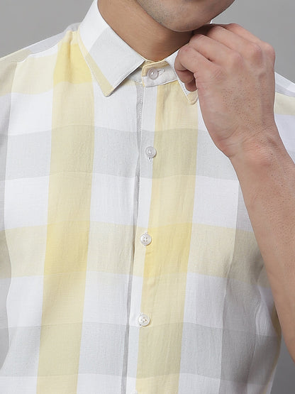 Jainish Men's Pure Cotton Checked Formal Shirts - Yellow