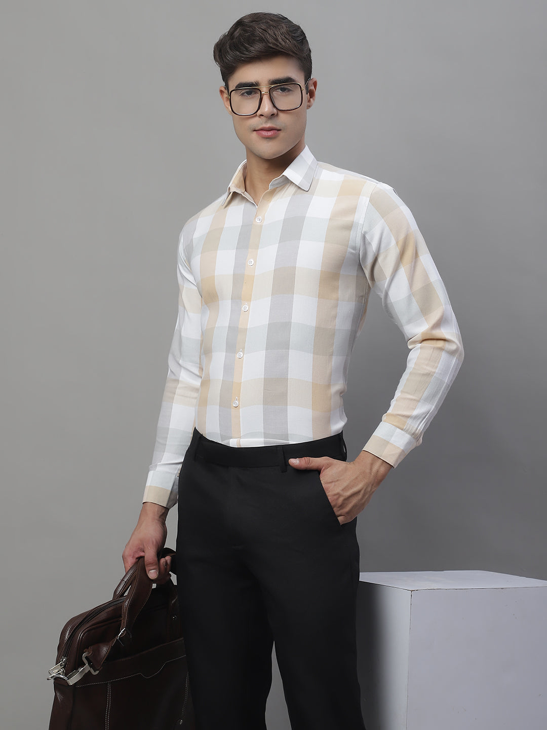 Jainish Men's Pure Cotton Checked Formal Shirts - Cream