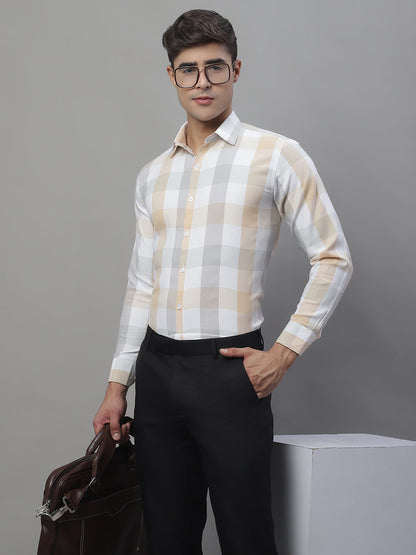 Jainish Men's Pure Cotton Checked Formal Shirts - Cream