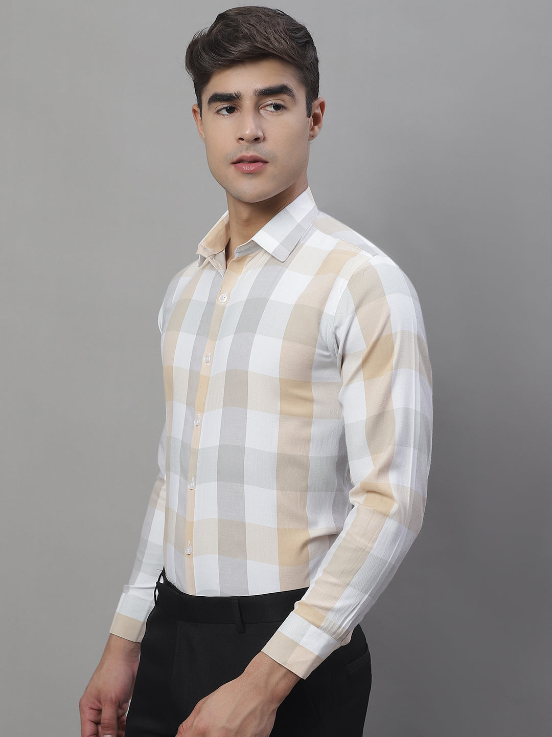 Jainish Men's Pure Cotton Checked Formal Shirts - Cream