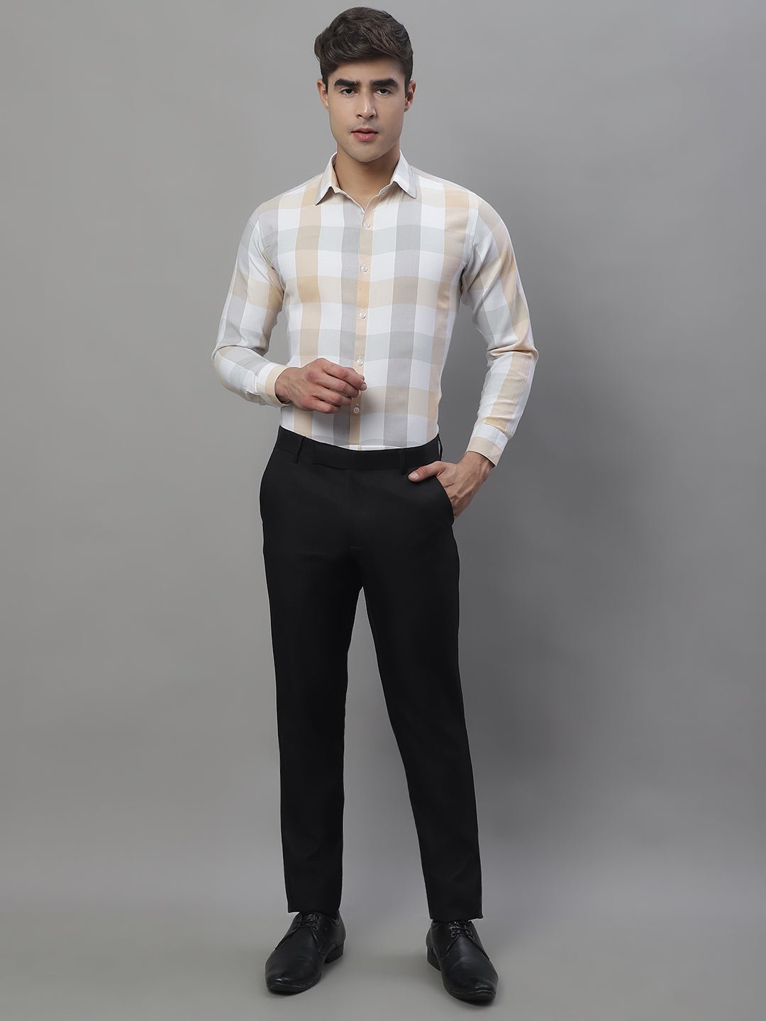 Jainish Men's Pure Cotton Checked Formal Shirts - Cream