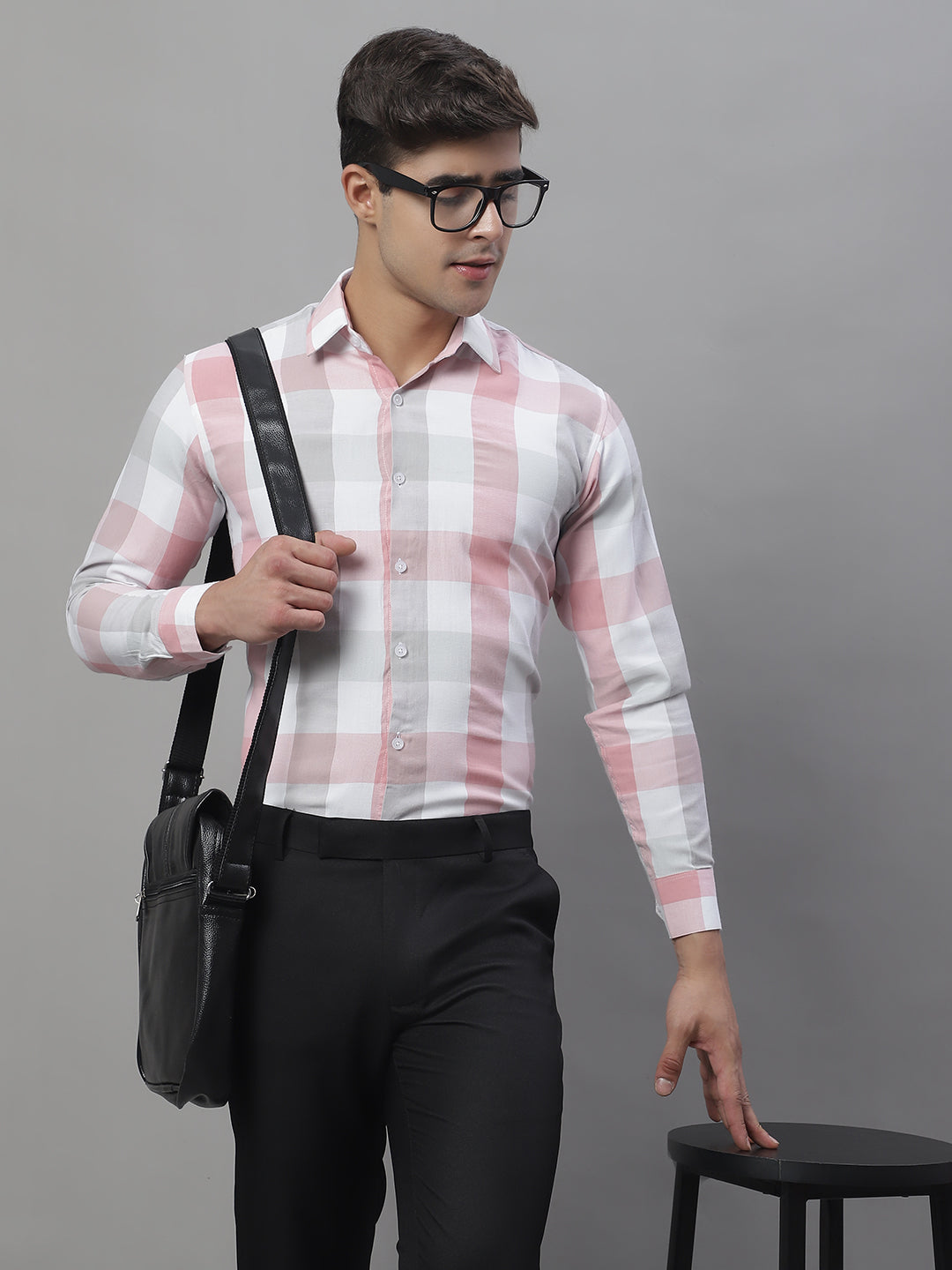 Jainish Men's Pure Cotton Checked Formal Shirts - Pink