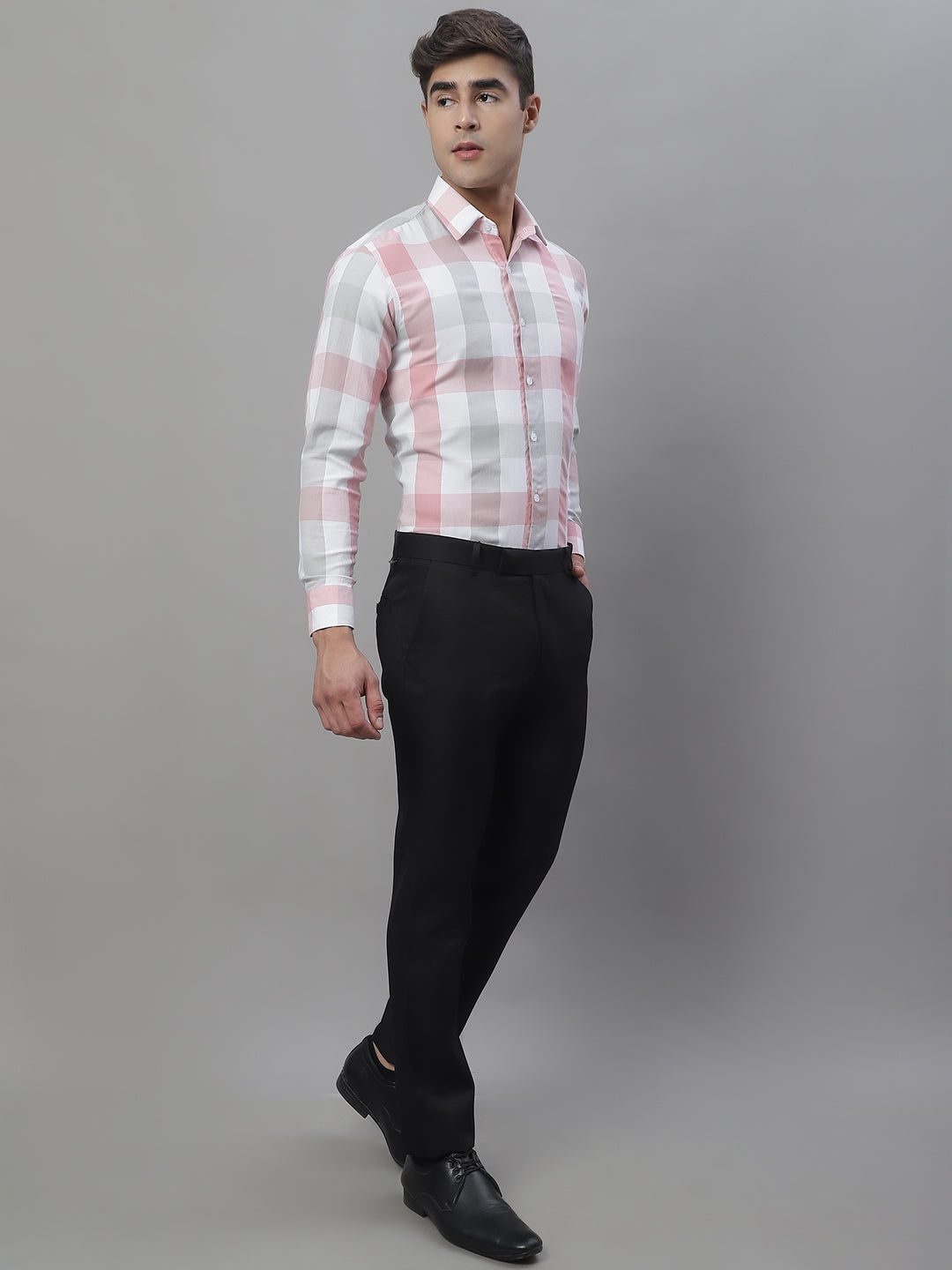 Jainish Men's Pure Cotton Checked Formal Shirts - Pink