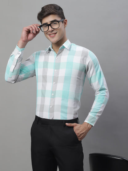 Jainish Men's Pure Cotton Checked Formal Shirts - Sky Blue