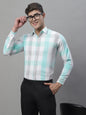 Jainish Men's Pure Cotton Checked Formal Shirts - Sky Blue