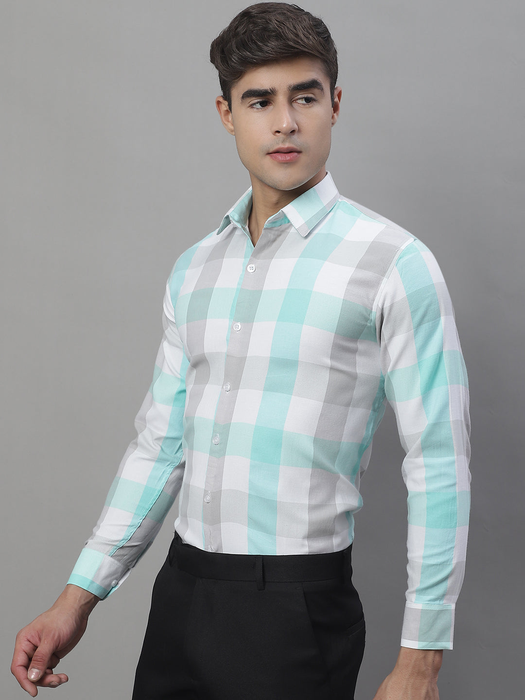Jainish Men's Pure Cotton Checked Formal Shirts - Sky Blue