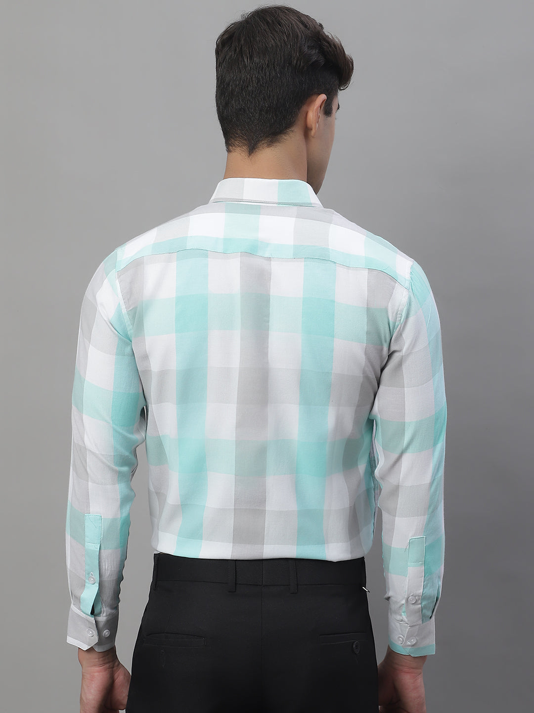 Jainish Men's Pure Cotton Checked Formal Shirts - Sky Blue