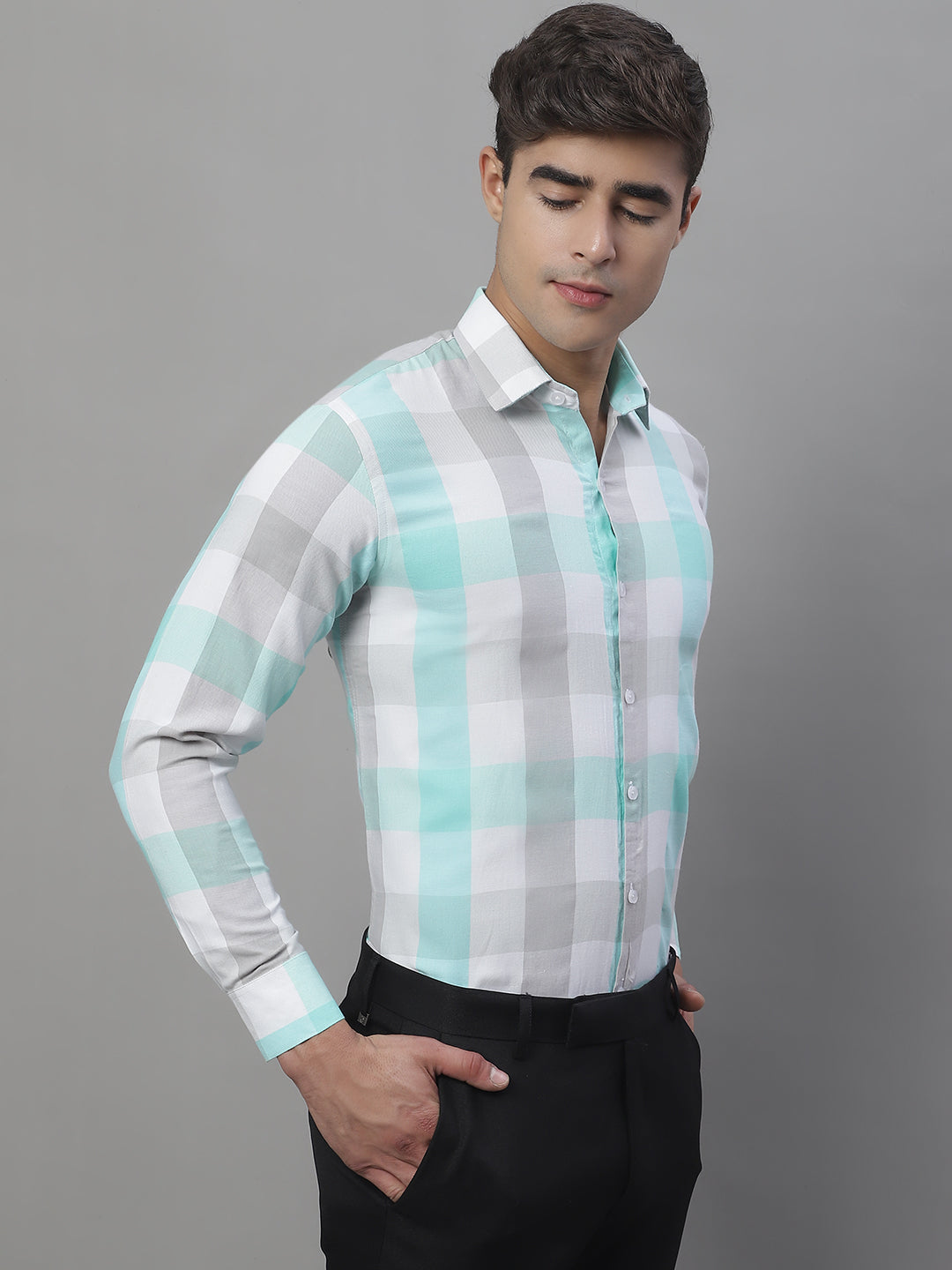 Jainish Men's Pure Cotton Checked Formal Shirts - Sky Blue