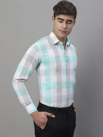 Jainish Men's Pure Cotton Checked Formal Shirts - Sky Blue