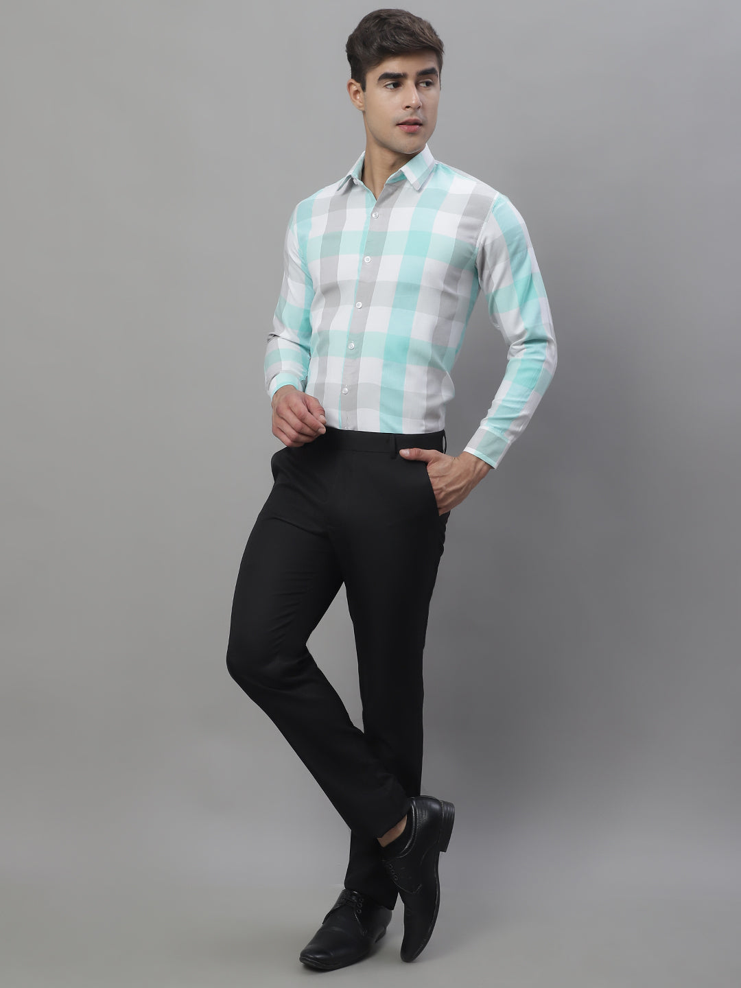 Jainish Men's Pure Cotton Checked Formal Shirts - Sky Blue
