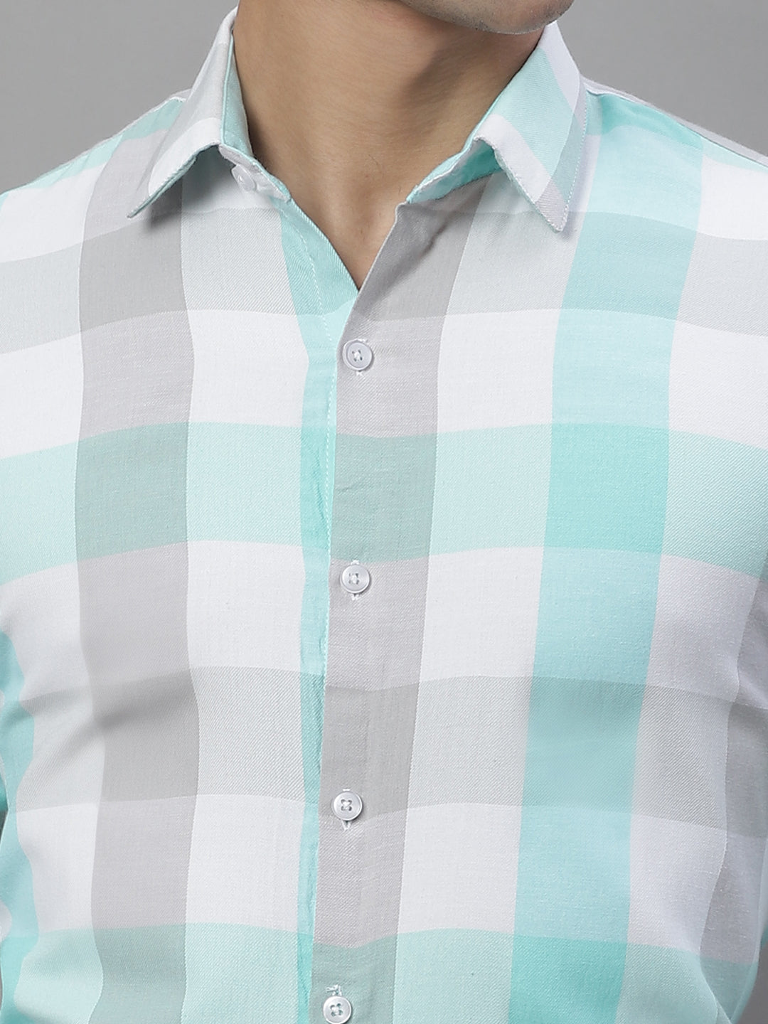 Jainish Men's Pure Cotton Checked Formal Shirts - Sky Blue