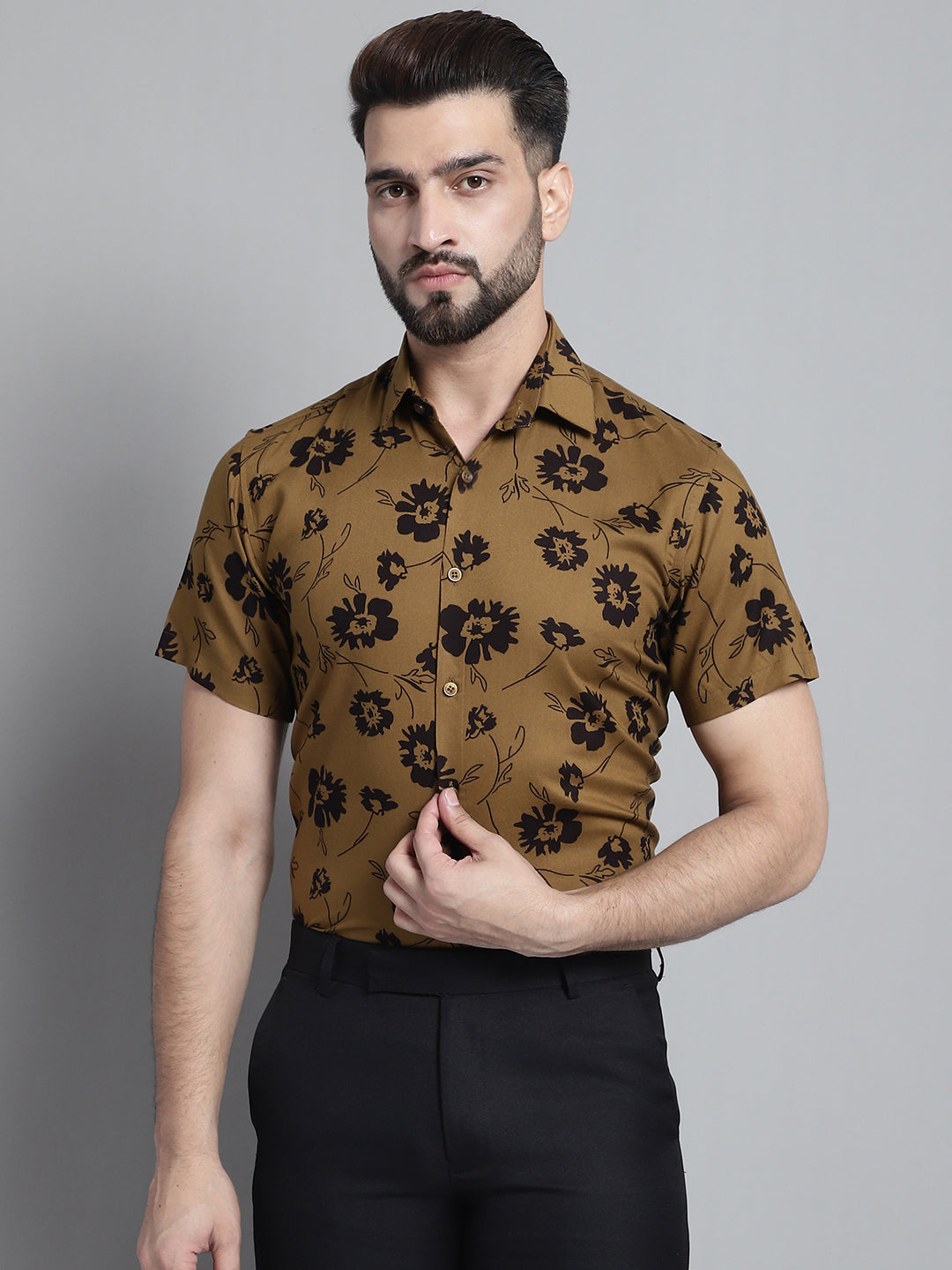 Jainish Men's Floral Printed Formal Shirt - Mustard