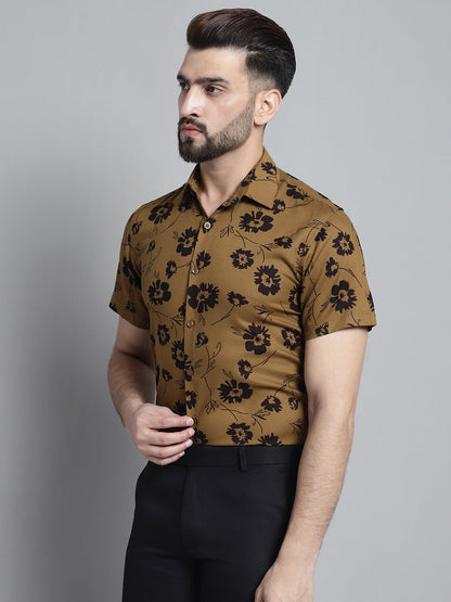 Jainish Men's Floral Printed Formal Shirt - Mustard