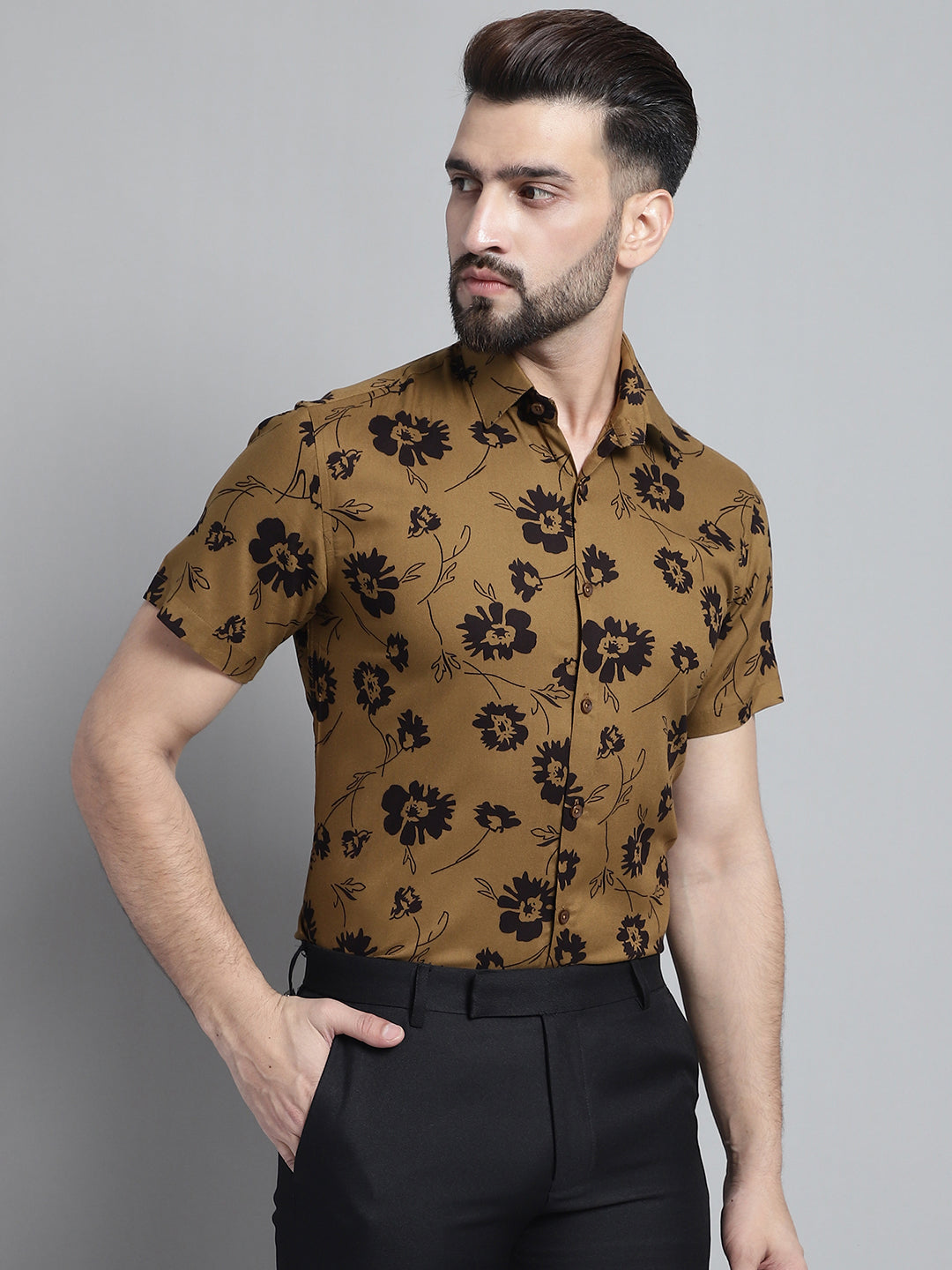 Jainish Men's Floral Printed Formal Shirt - Mustard