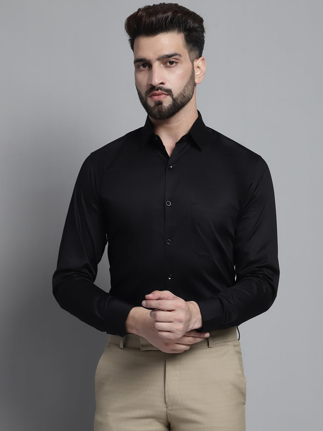 Jainish Men's Cotton Solid Formal Shirt - Black