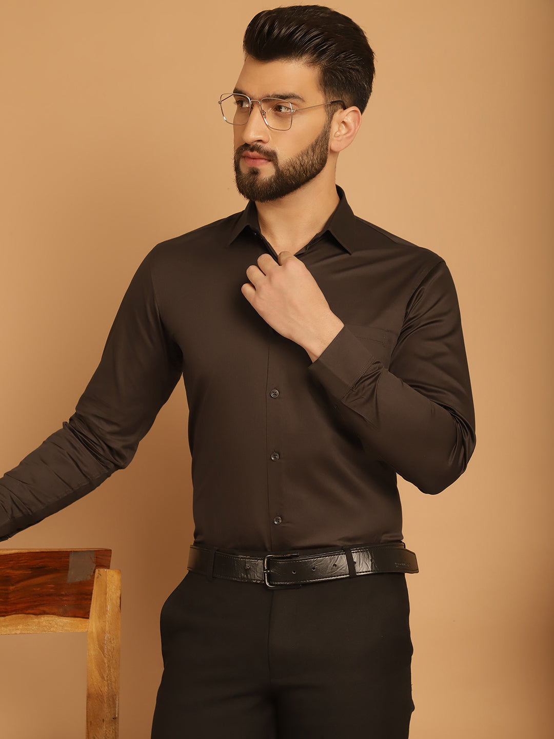 Indian Needle Men's Cotton Solid Formal Shirt - Coffee