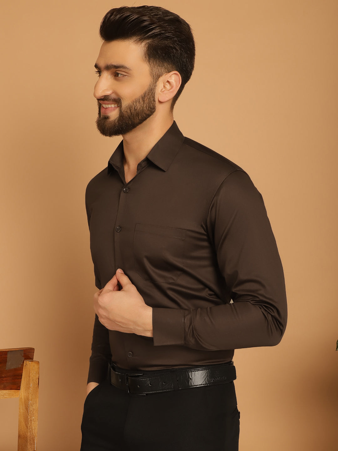 Indian Needle Men's Cotton Solid Formal Shirt - Coffee