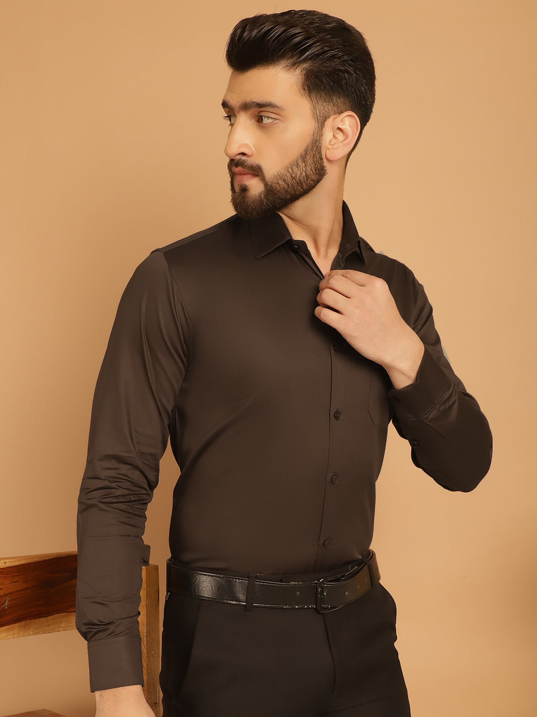 Indian Needle Men's Cotton Solid Formal Shirt - Coffee