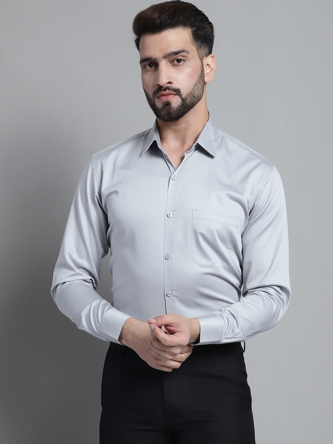 Jainish Men's Cotton Solid Formal Shirt - Light-Grey