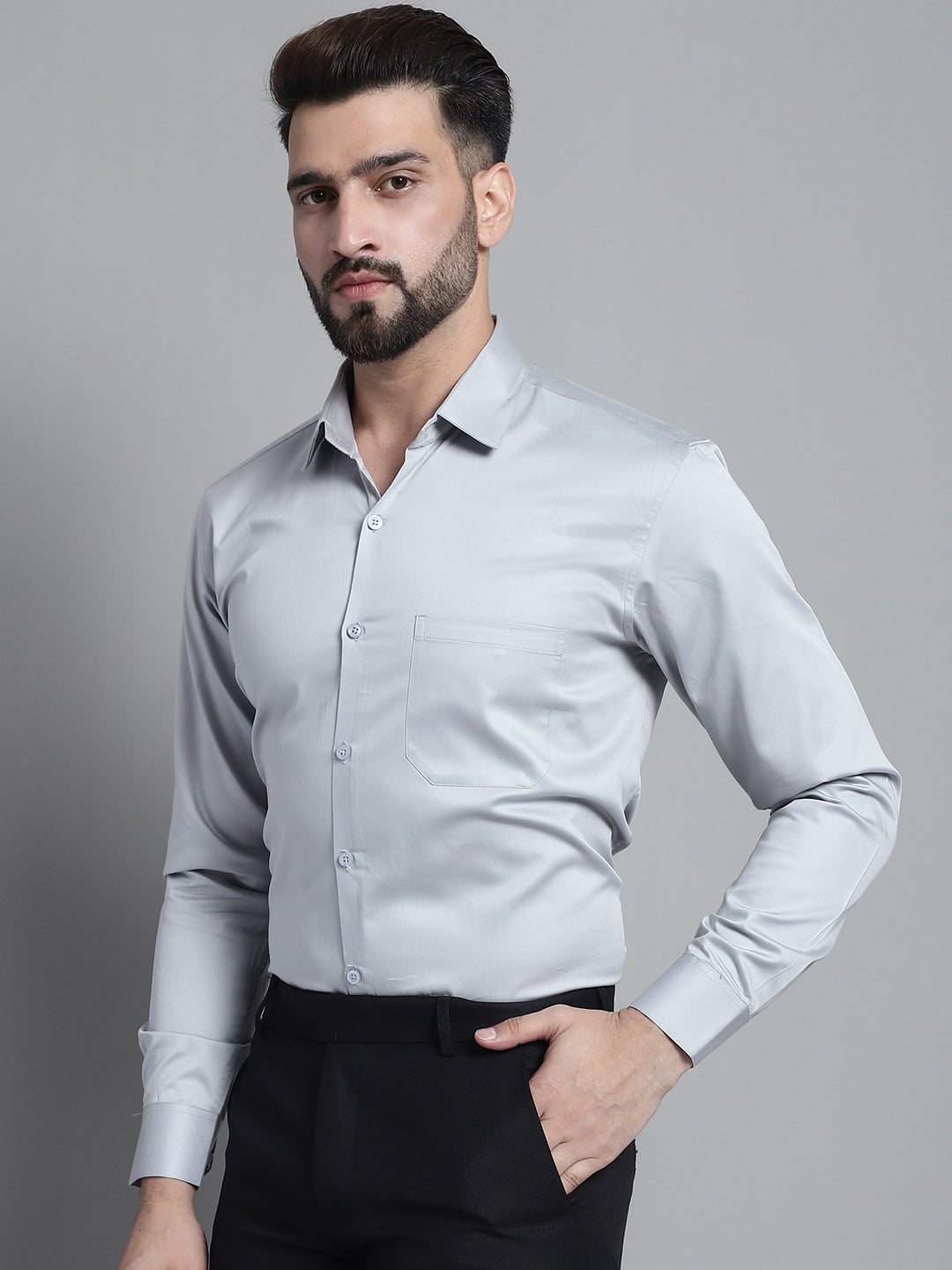 Jainish Men's Cotton Solid Formal Shirt - Light-Grey