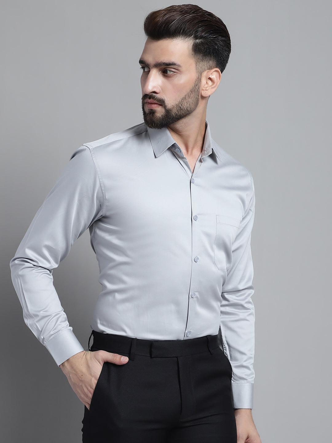 Jainish Men's Cotton Solid Formal Shirt - Light-Grey