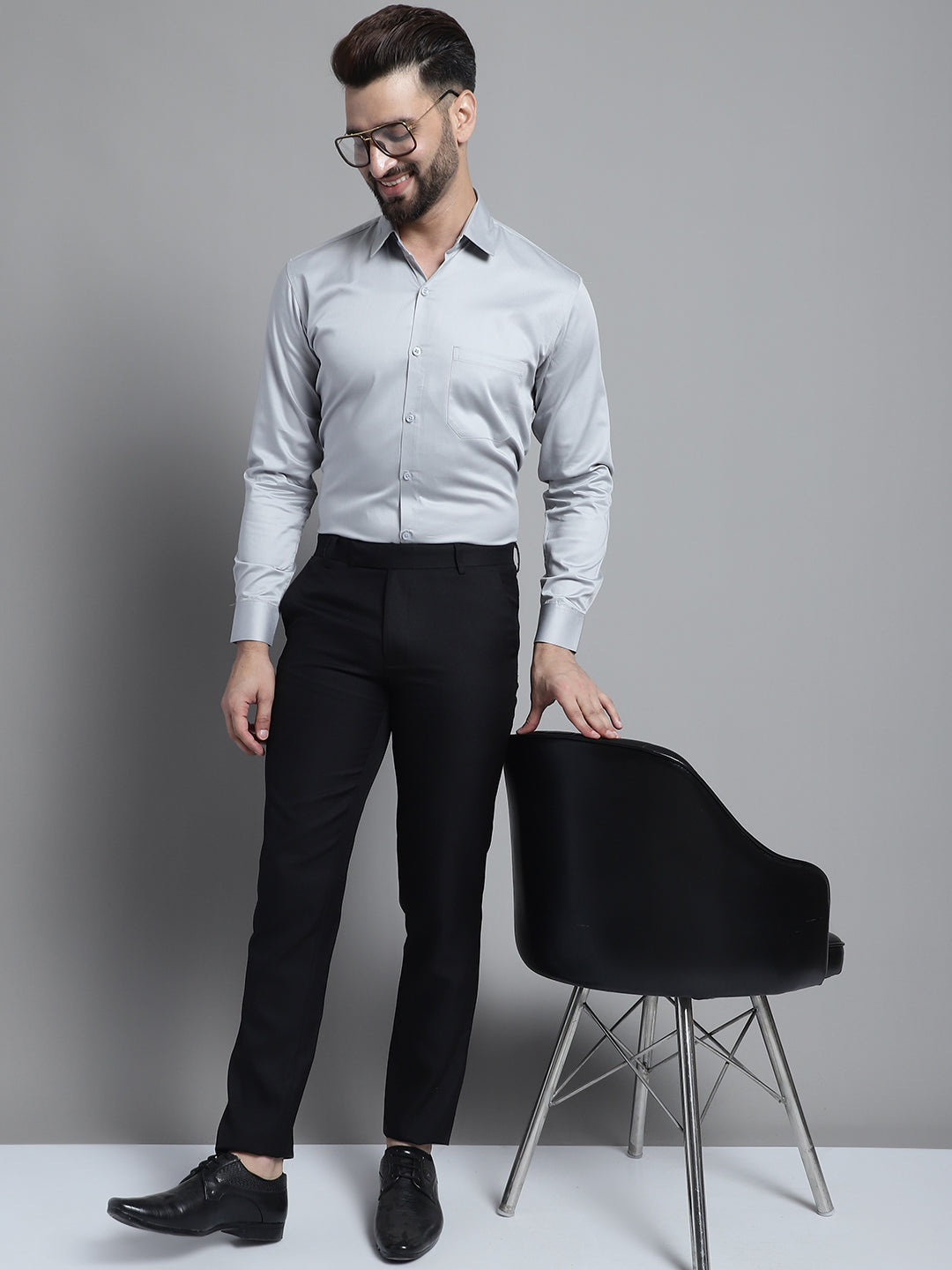 Jainish Men's Cotton Solid Formal Shirt - Light-Grey