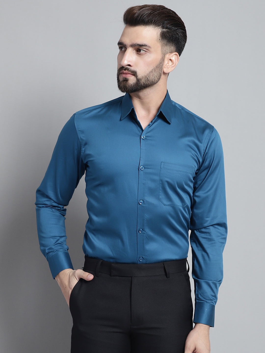 Jainish Men's Cotton Solid Formal Shirt - Peacock