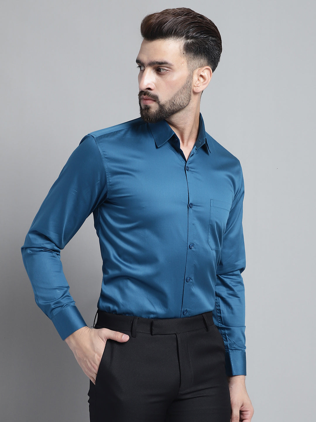 Jainish Men's Cotton Solid Formal Shirt - Peacock
