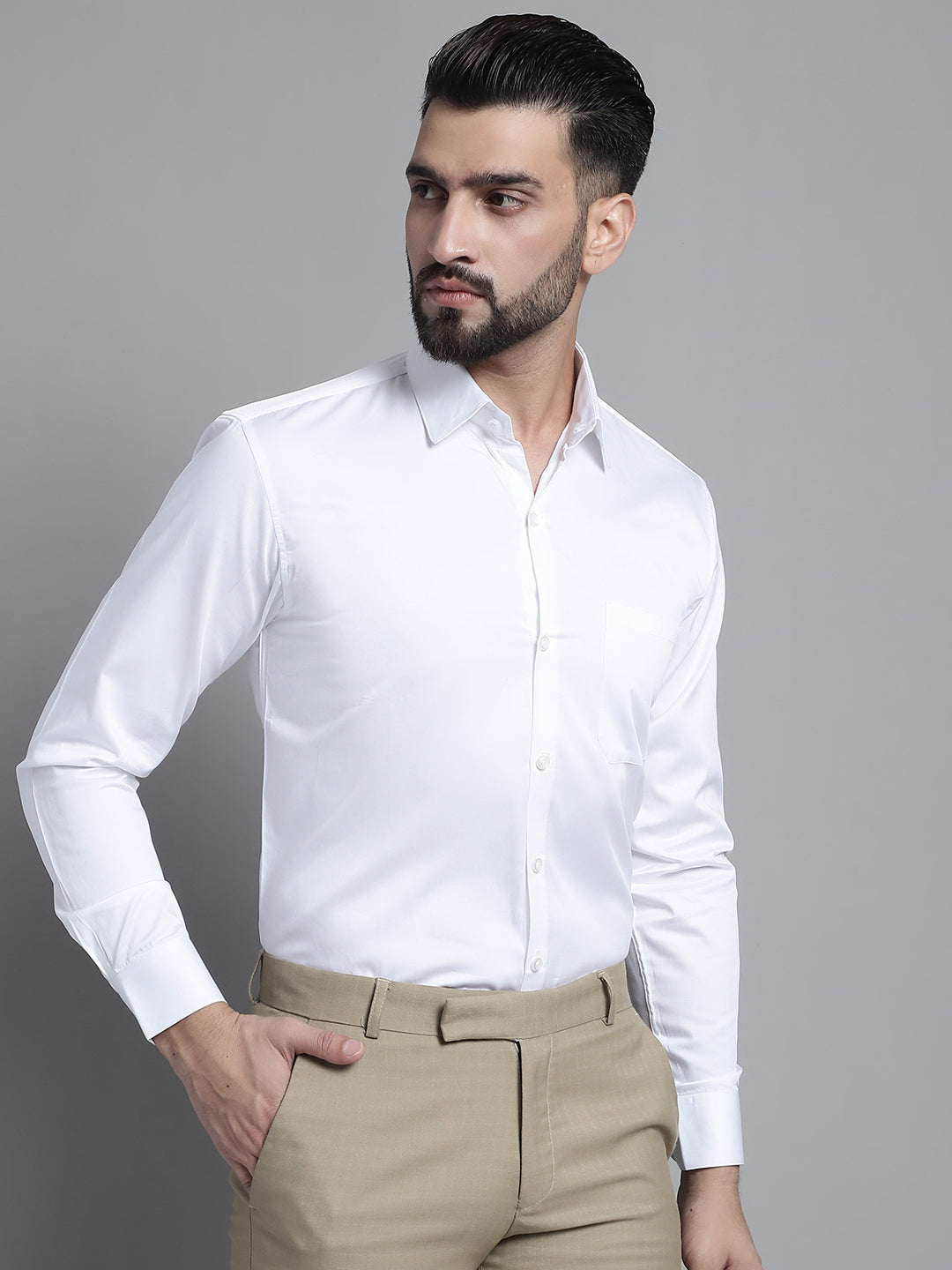 Jainish Men's Cotton Solid Formal Shirt - White