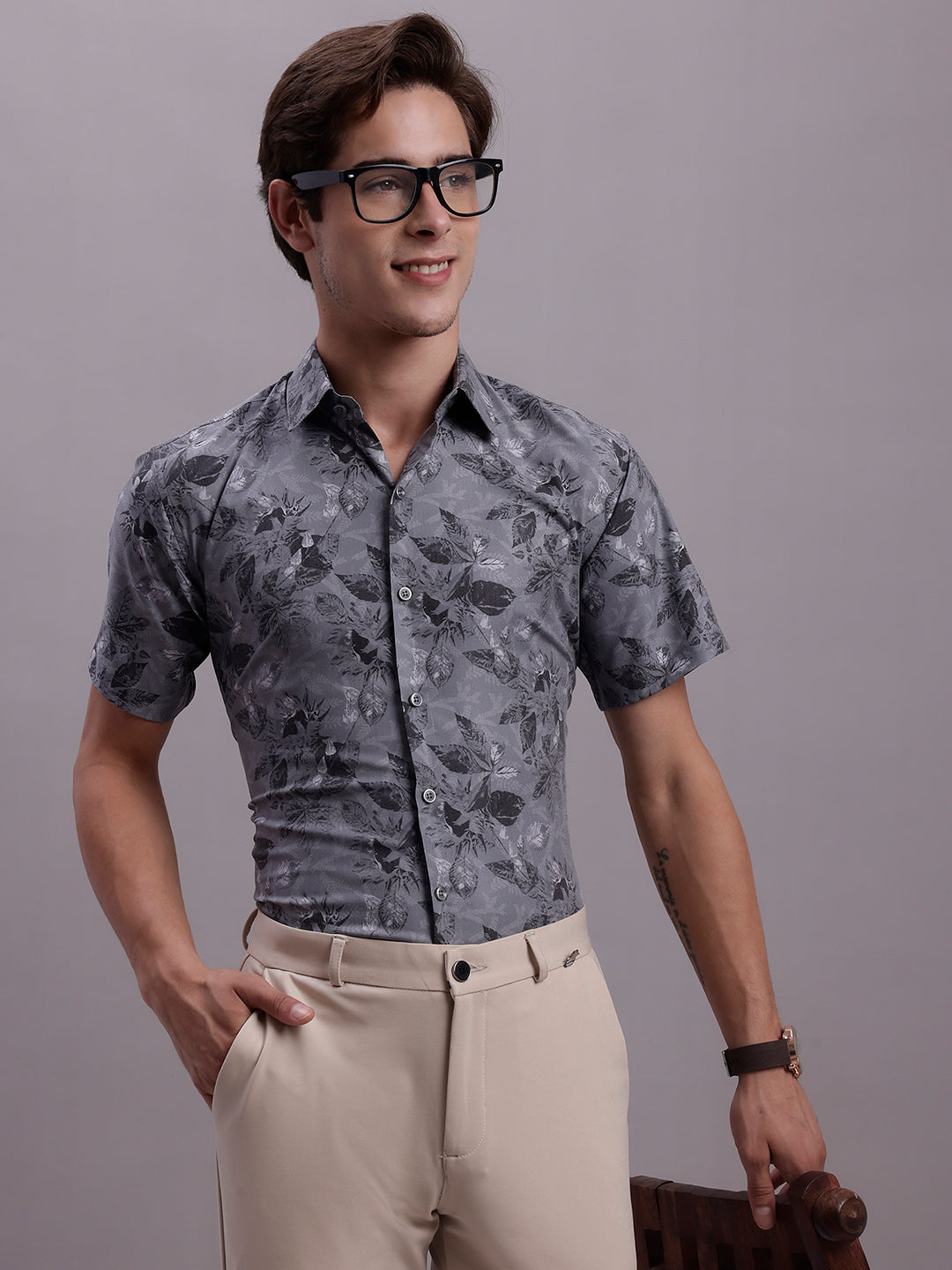 Jainish Men's Floral Printed Formal Shirt - Charcoal