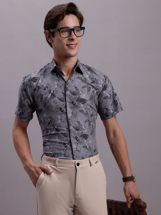 Jainish Men's Floral Printed Formal Shirt - Charcoal
