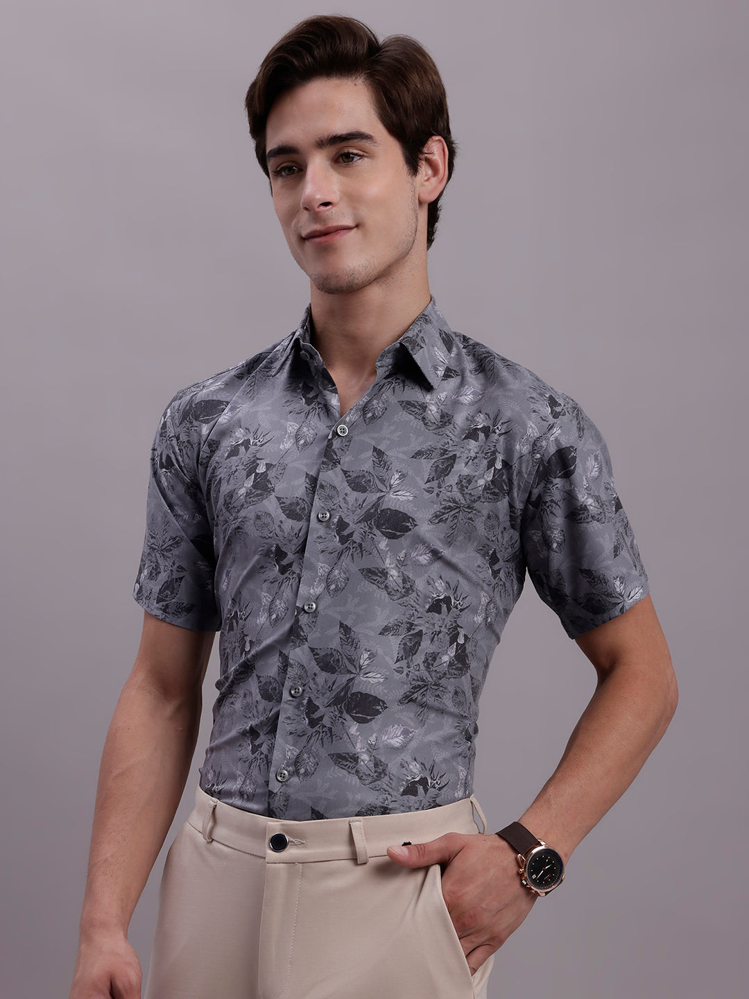 Jainish Men's Floral Printed Formal Shirt - Charcoal