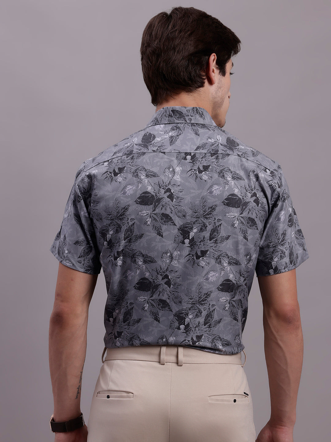 Jainish Men's Floral Printed Formal Shirt - Charcoal