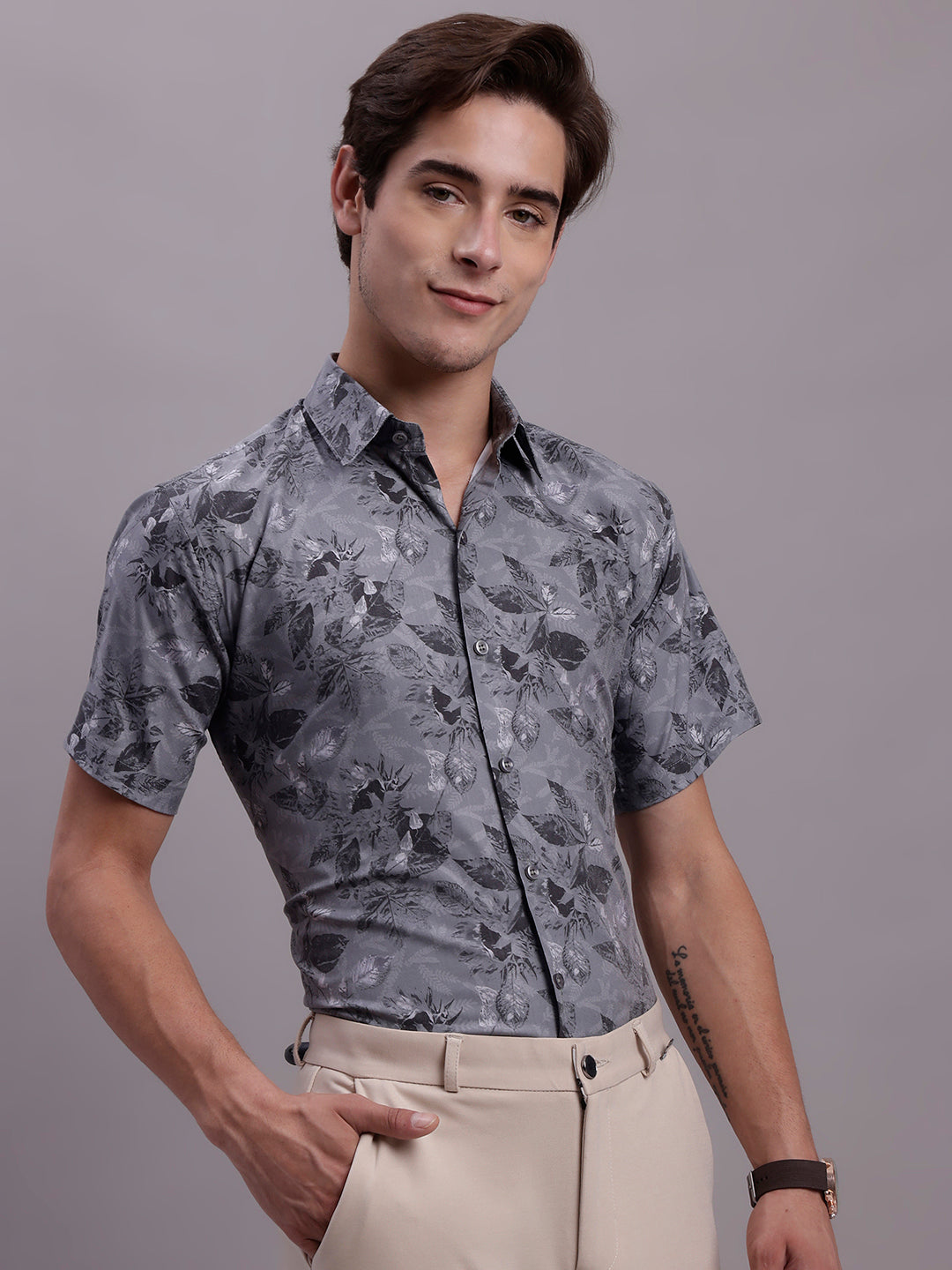 Jainish Men's Floral Printed Formal Shirt - Charcoal