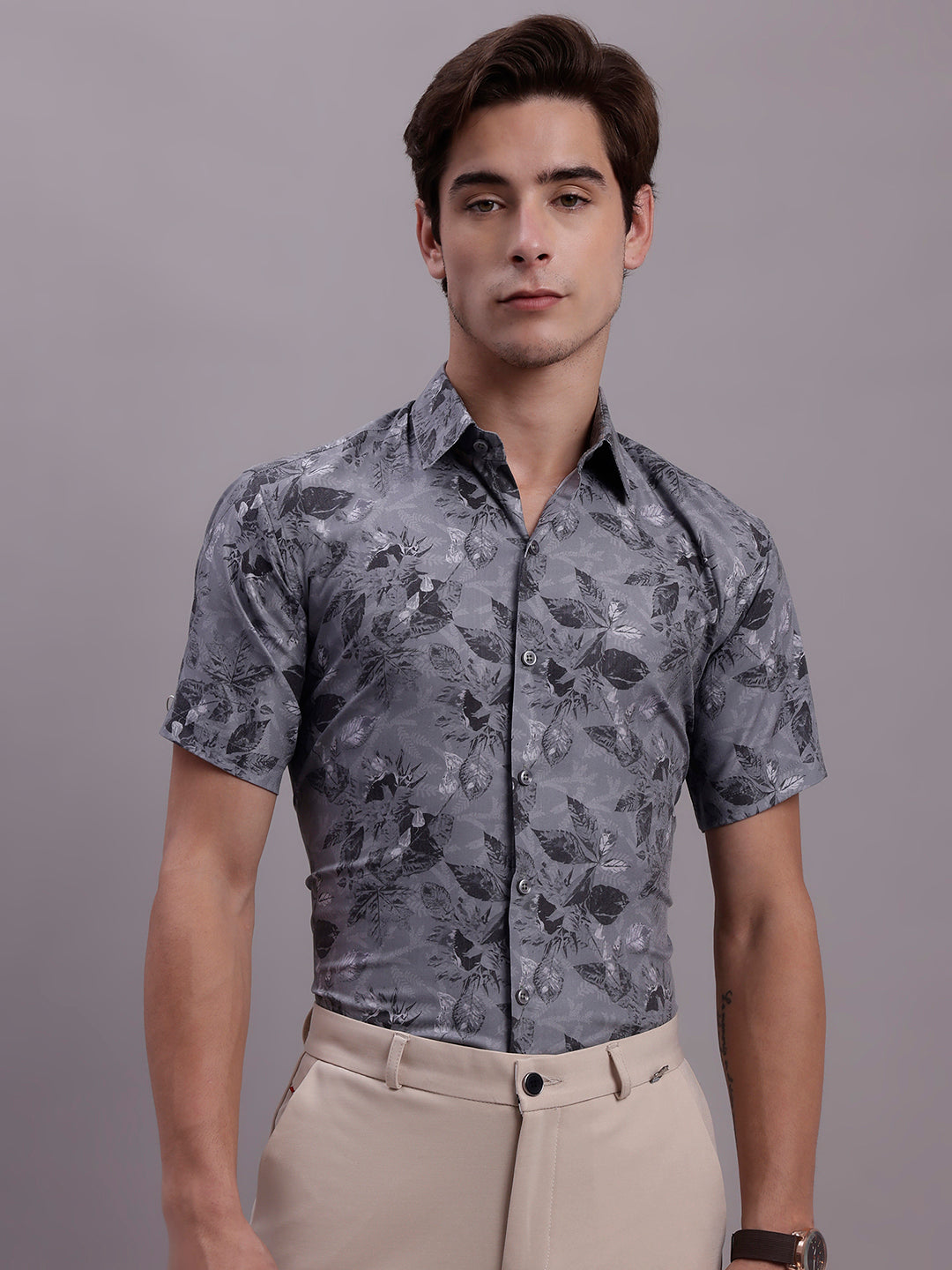Jainish Men's Floral Printed Formal Shirt - Charcoal