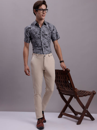 Jainish Men's Floral Printed Formal Shirt - Charcoal