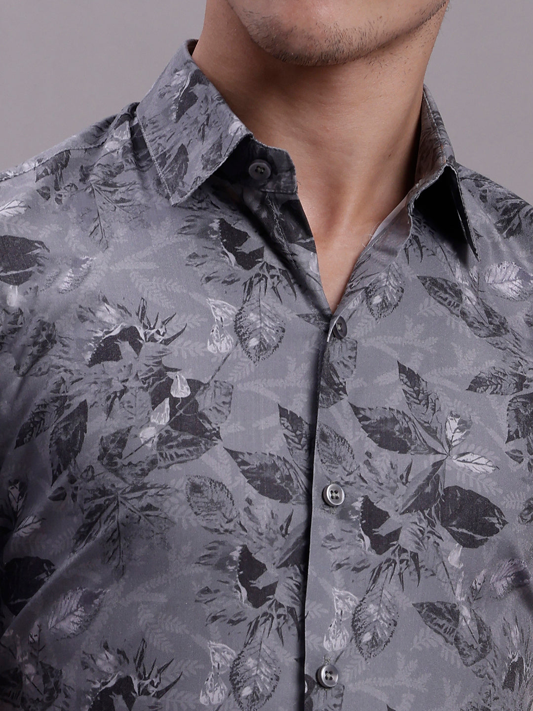Jainish Men's Floral Printed Formal Shirt - Charcoal