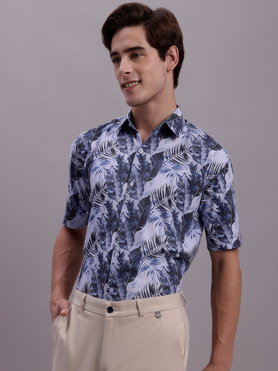 Jainish Men's Floral Printed Formal Shirt - Grey