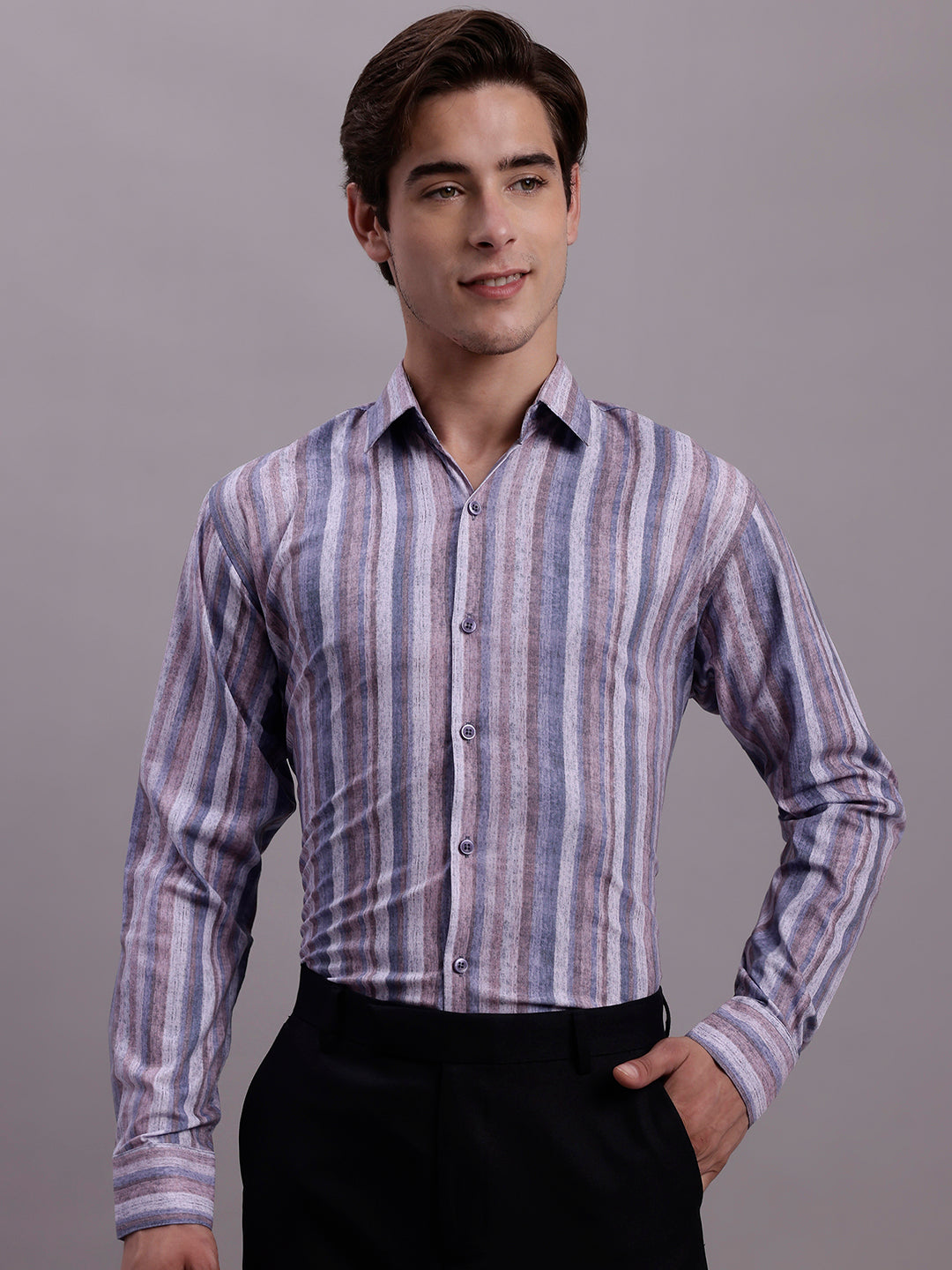 Jainish Men's Cotton Blend Striped Formal Shirt - Purple