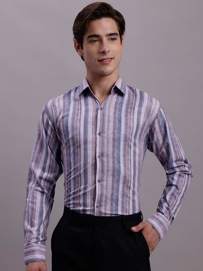 Jainish Men's Cotton Blend Striped Formal Shirt - Purple