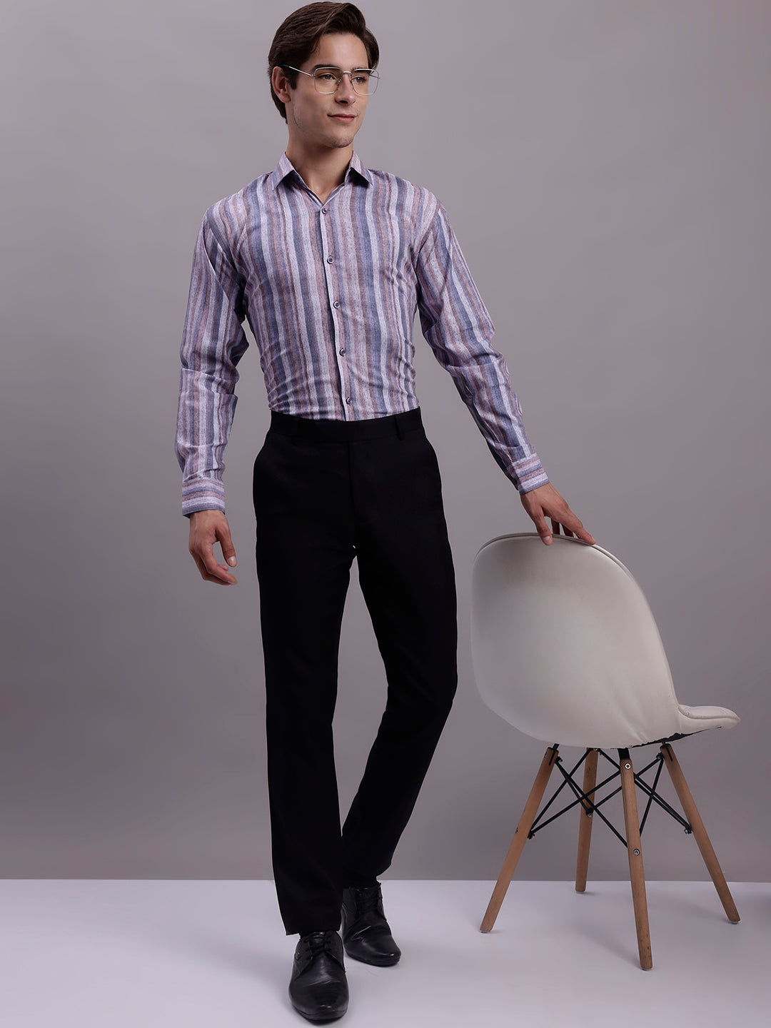 Jainish Men's Cotton Blend Striped Formal Shirt - Purple