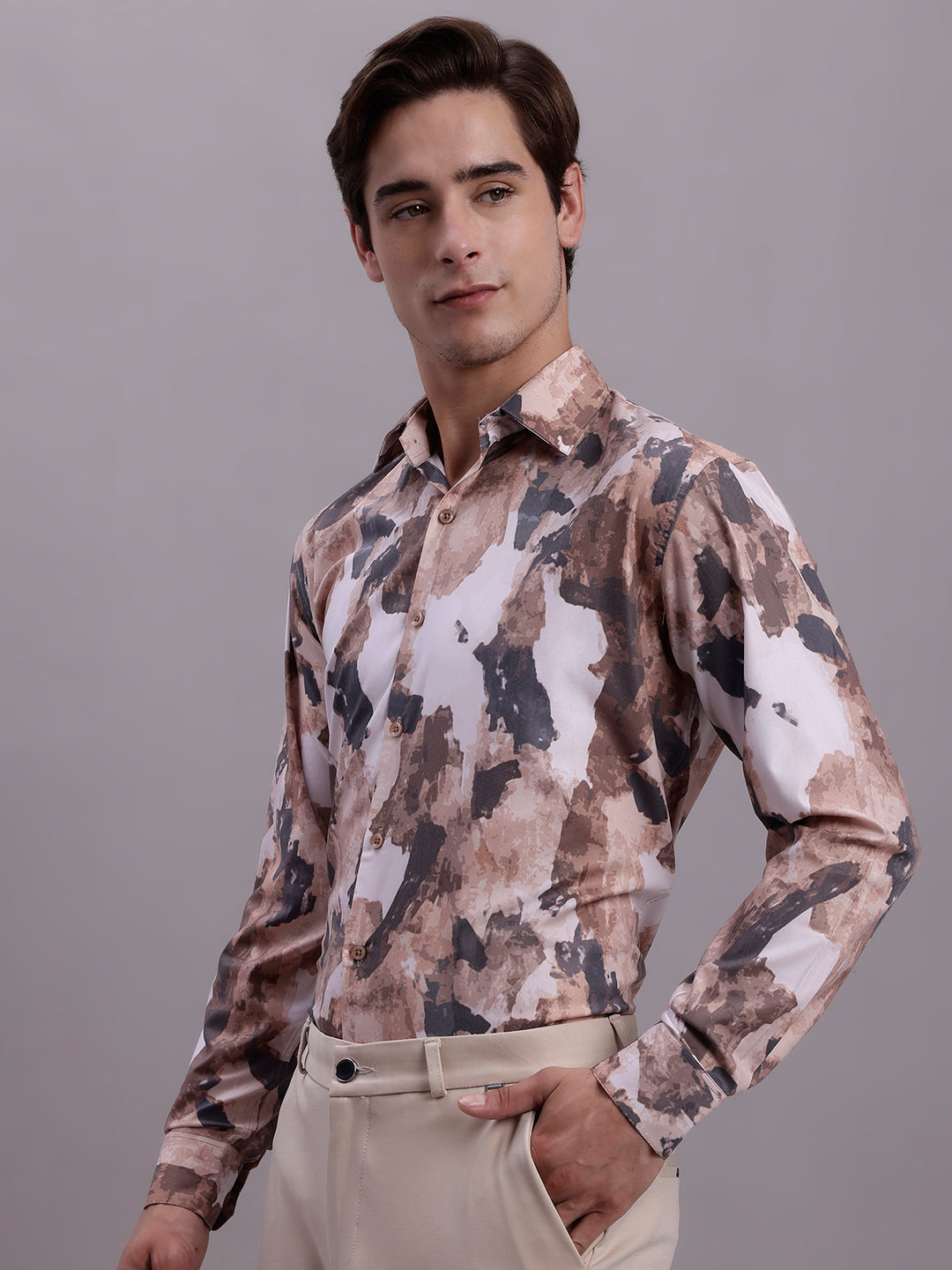 Jainish Men's Printed Formal Shirt - Brown
