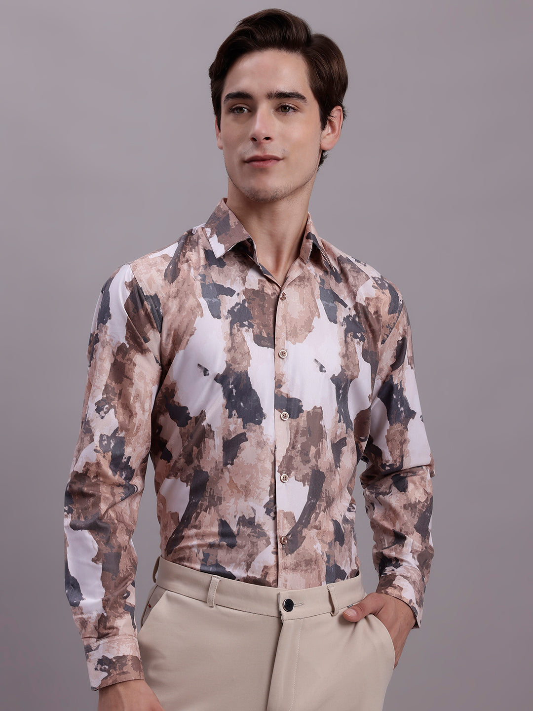 Jainish Men's Printed Formal Shirt - Brown