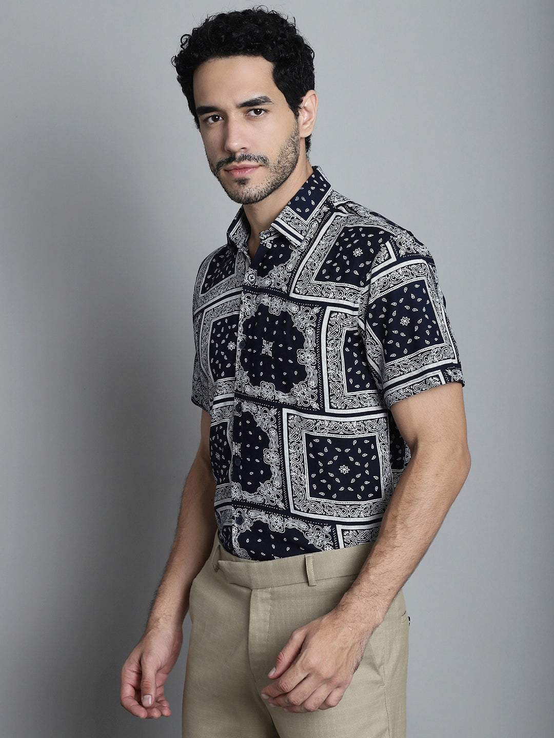 Jainish Men's Paisley Printed Formal Shirts - Navy Blue