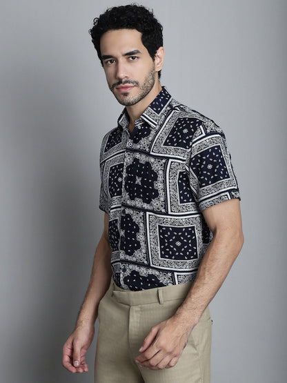 Jainish Men's Paisley Printed Formal Shirts - Navy Blue