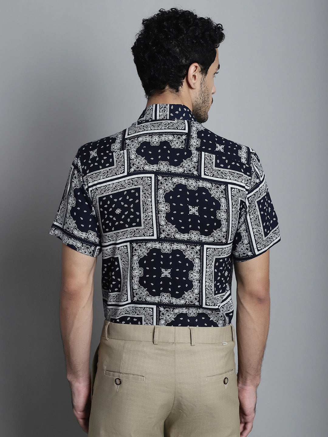 Jainish Men's Paisley Printed Formal Shirts - Navy Blue