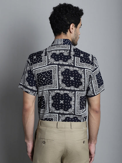 Jainish Men's Paisley Printed Formal Shirts - Navy Blue
