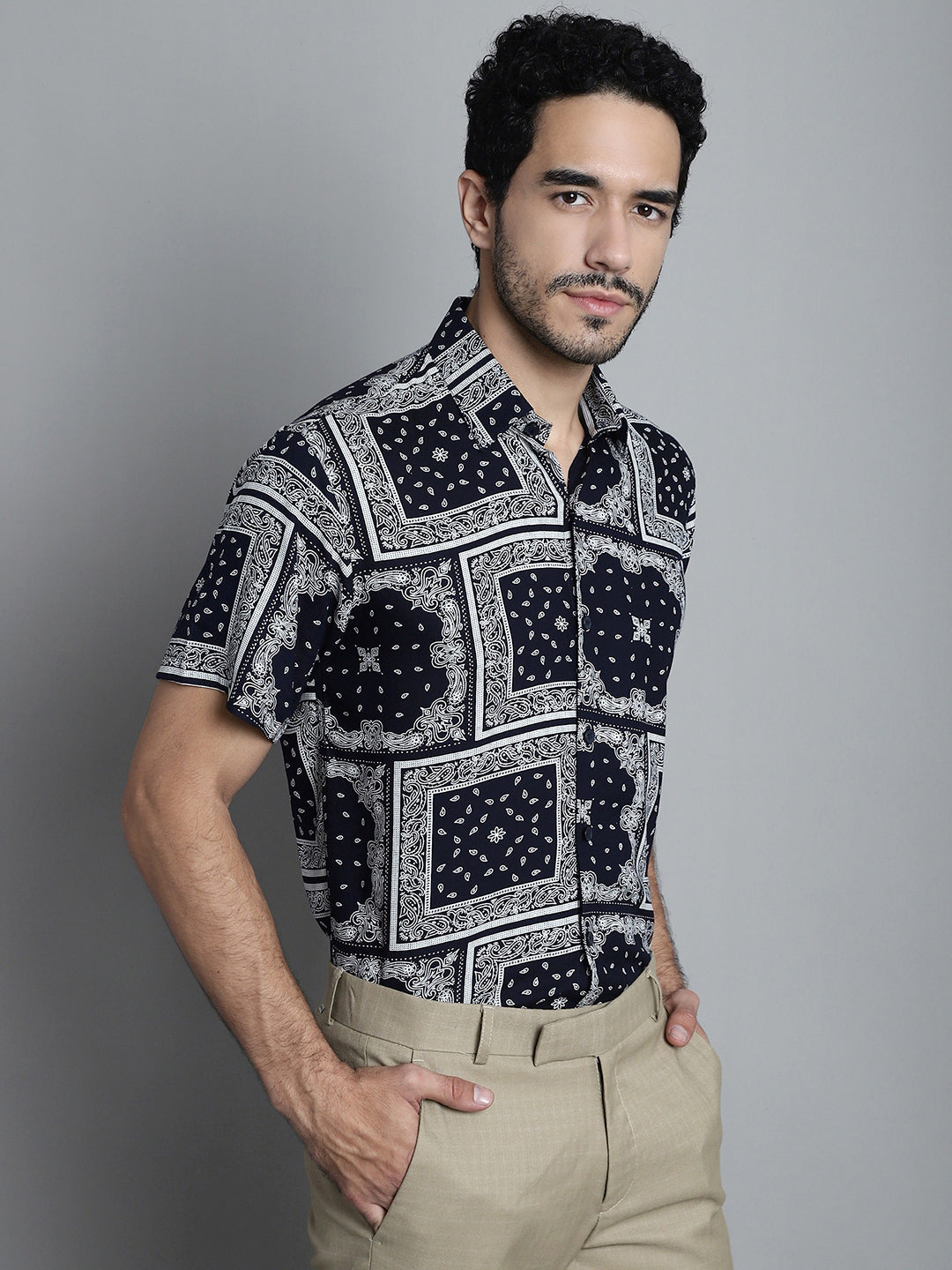 Jainish Men's Paisley Printed Formal Shirts - Navy Blue