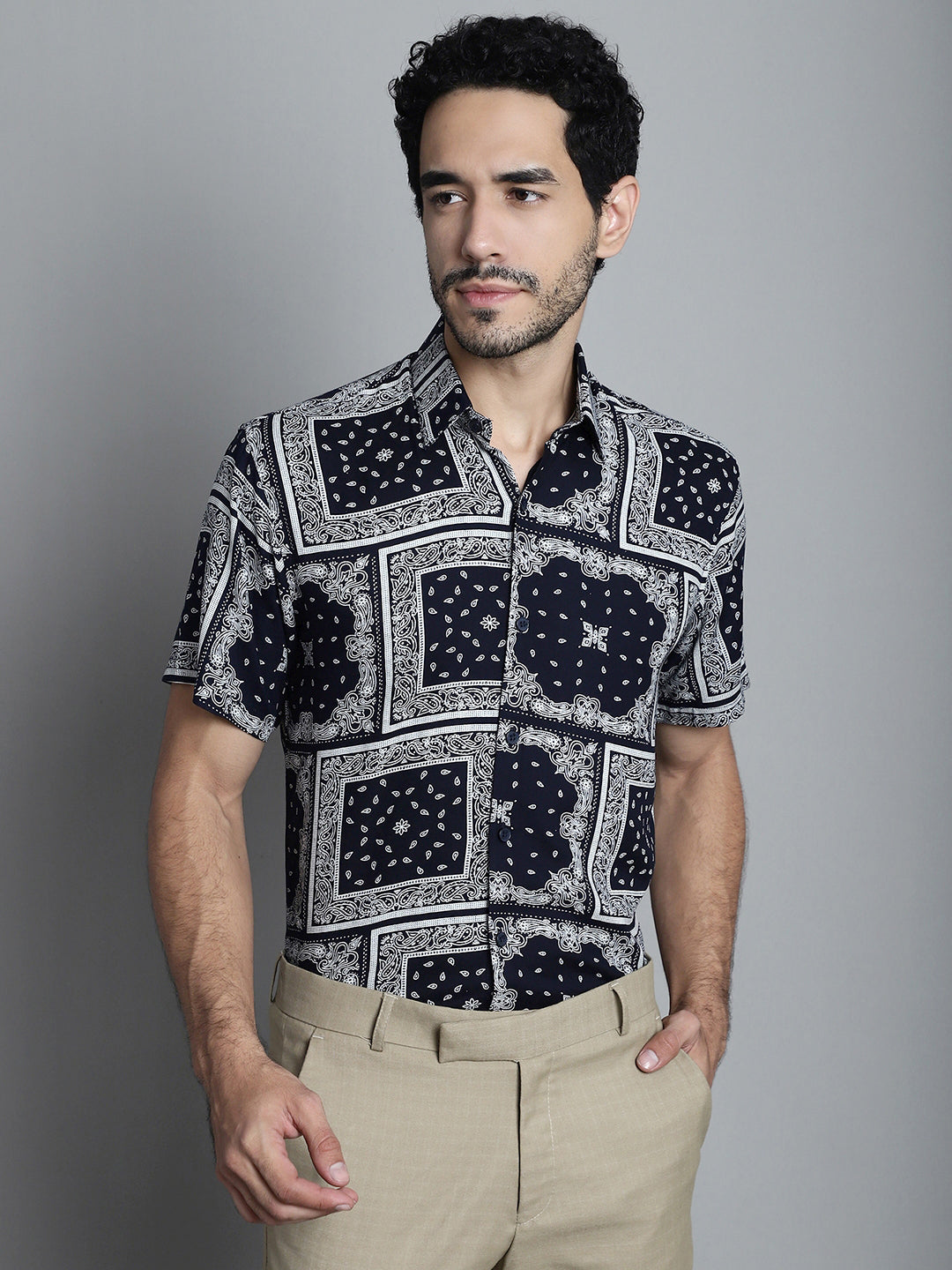 Jainish Men's Paisley Printed Formal Shirts - Navy Blue